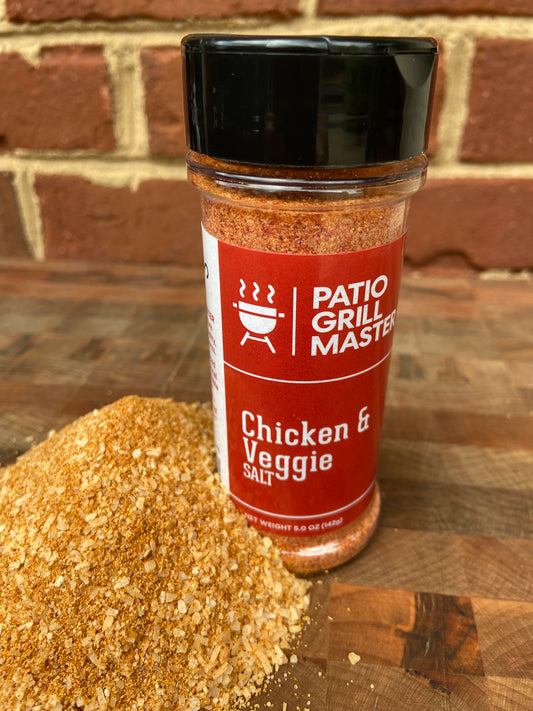 Patio Grill Master Chicken and Veggie Salt seasoning jar for grilled chicken and vegetables