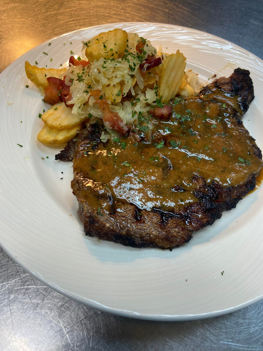 Grilled Ribeye Steak. Grainy Mustard Sauce. Bacon and Sauerkraut Fried Potatoes
