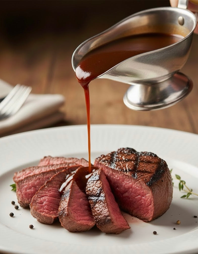 Demi-Glace being poured over a perfectly grilled filet mignon