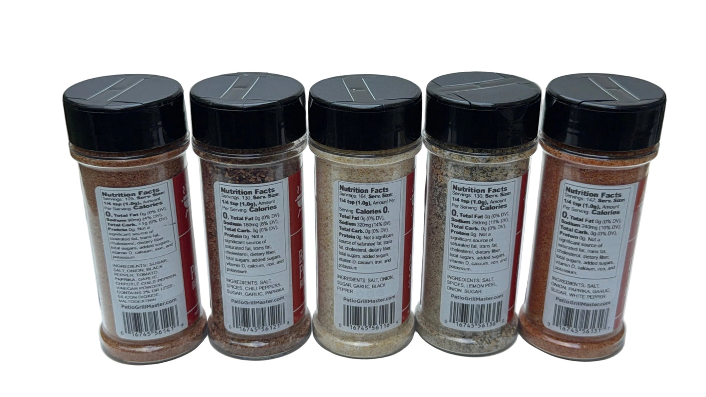 Our five signature seasonings with nutrition facts.