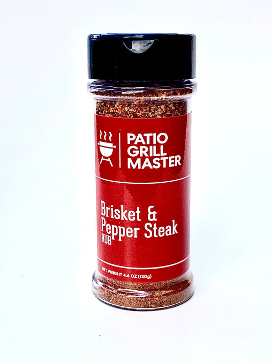 Spice jar labeled 'Patio Grill Master Brisket & Pepper Steak Rub' on a white background