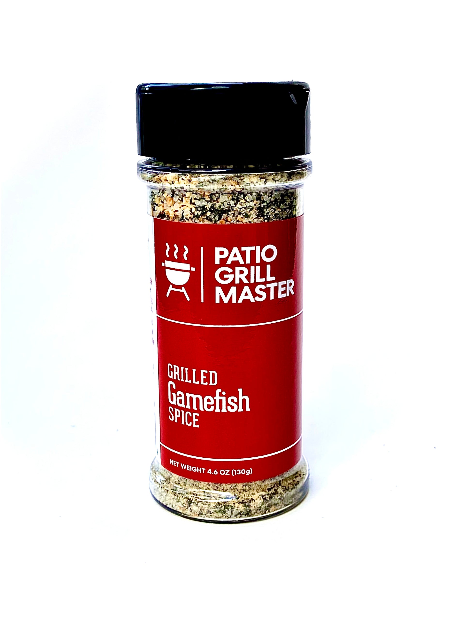 Spice jar labeled 'Patio Grill Master Grilled Gamefish Spice' on a white background